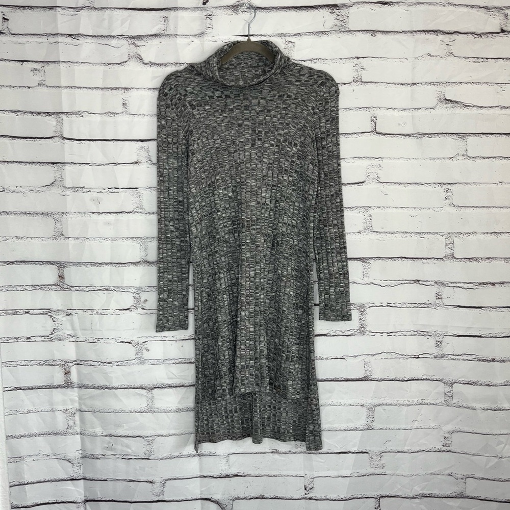 Cartise Gray Turtleneck Knit Midi Sweater Dress Long Sleeve Cowl Neck Above Knee
